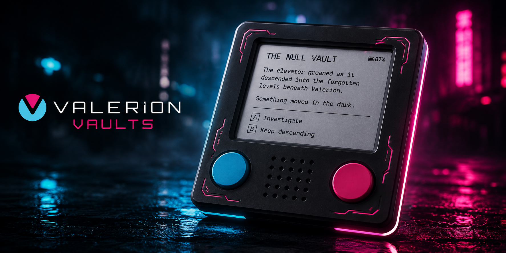 Codex 01 matte black handheld device with blue and pink physical choice controls